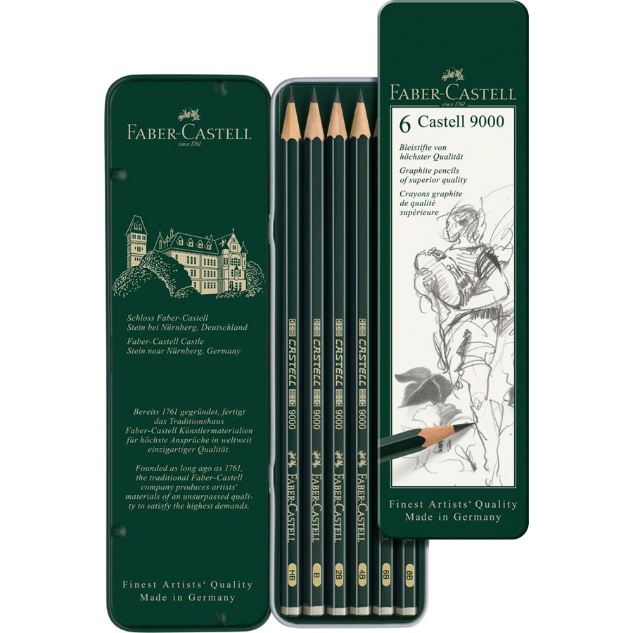 Faber-Castell - Confezione in metallo con 6 matite di grafite Castell 9000