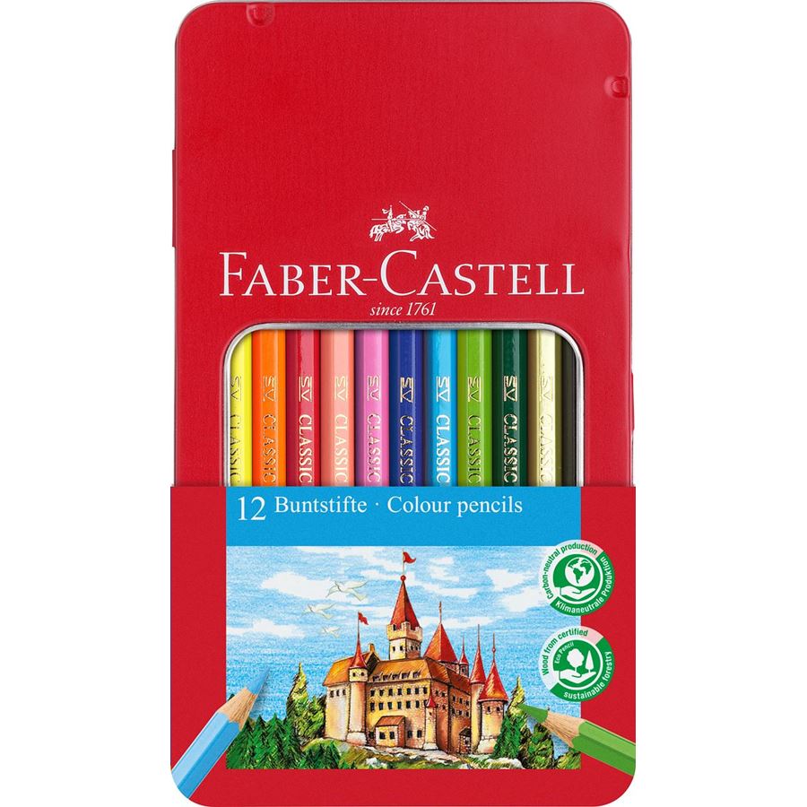 Faber-Castell - Conf. metallo con 12 matite colorate permanenti con finestra