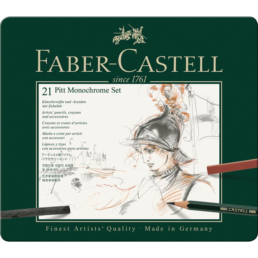 Faber-Castell - Set Pitt Monochrome, astuccio in metallo da 21