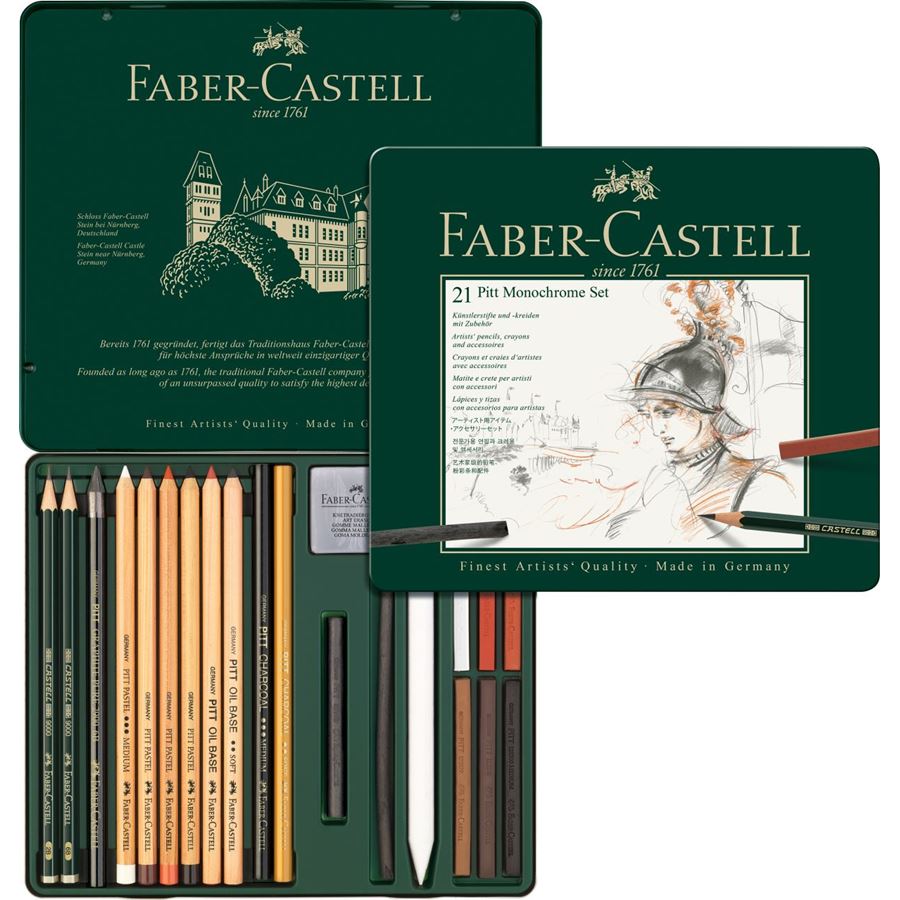 Faber-Castell - Set Pitt Monochrome, astuccio in metallo da 21