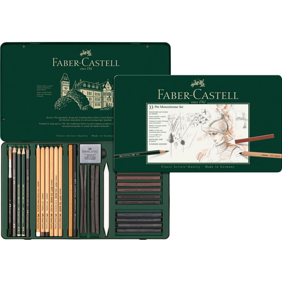 Faber-Castell - Set Pitt Monochrome, astuccio in metallo da 33