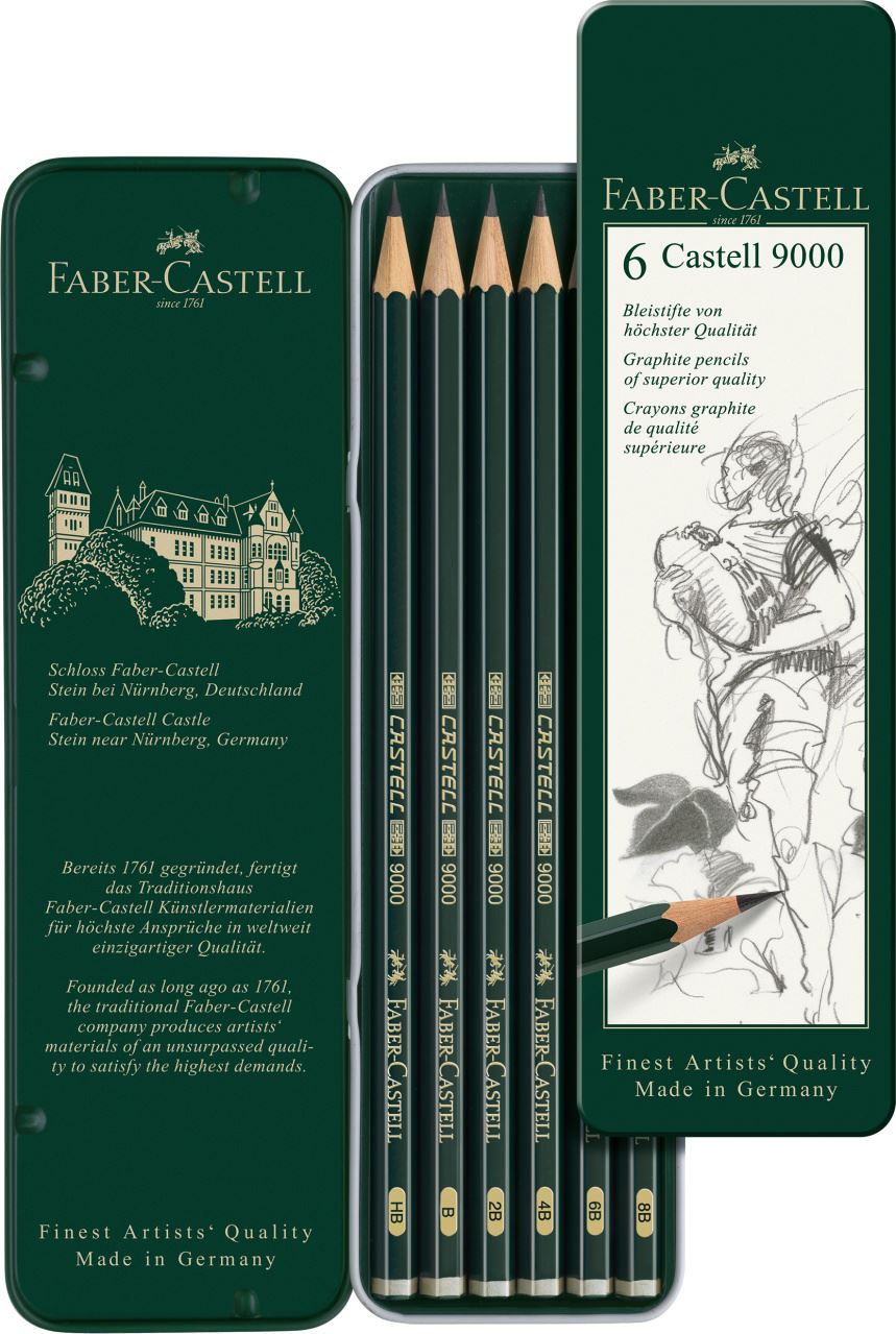 Faber-Castell - Confezione in metallo con 6 matite di grafite Castell 9000