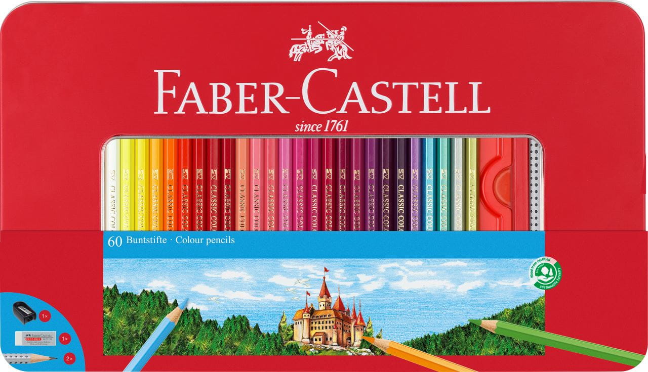 Faber-Castell - Conf. metallo con 60 matite colorate permanenti con finestra