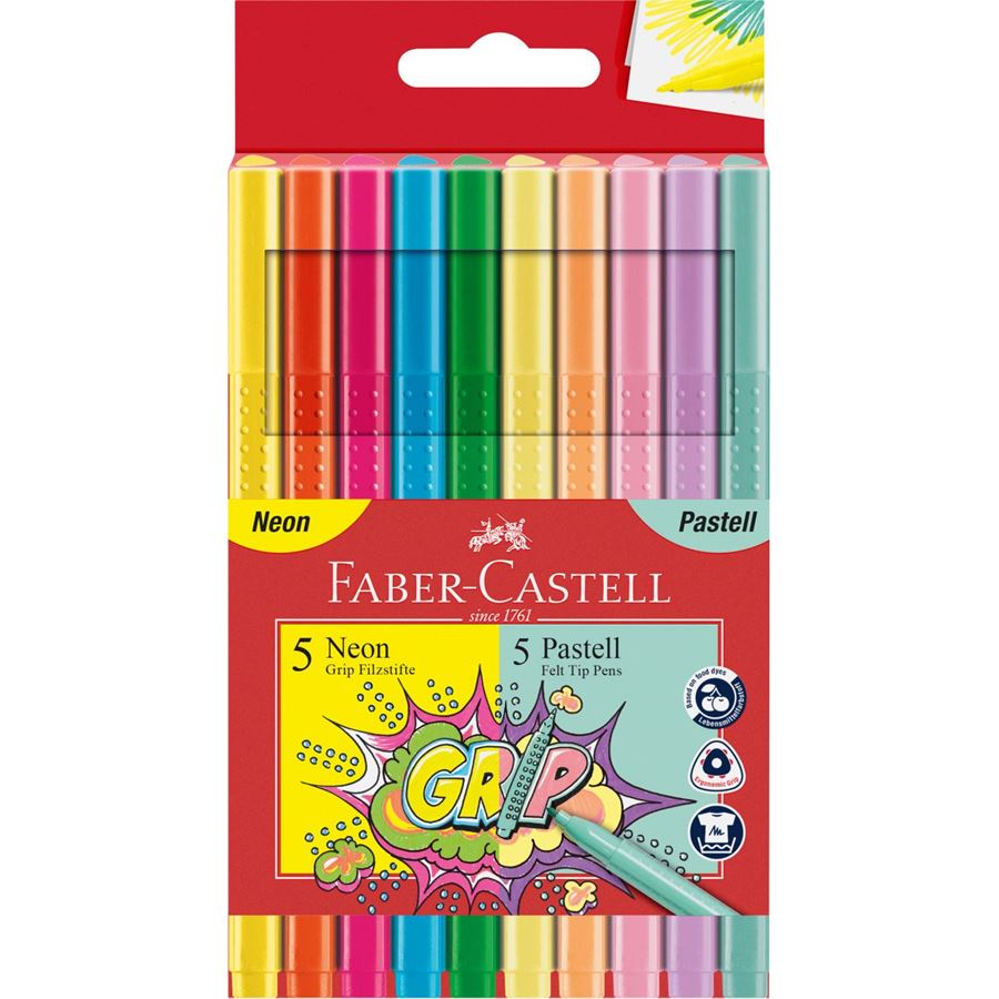 Faber-Castell - Astuccio con 10 pennarelli Grip Colour Neon + Pastel