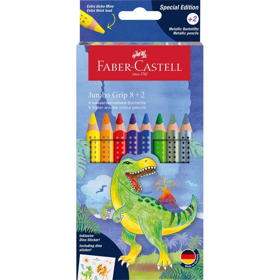 Faber-Castell - Astuccio matite colorate Jumbo Grip Dinosauro 8+2