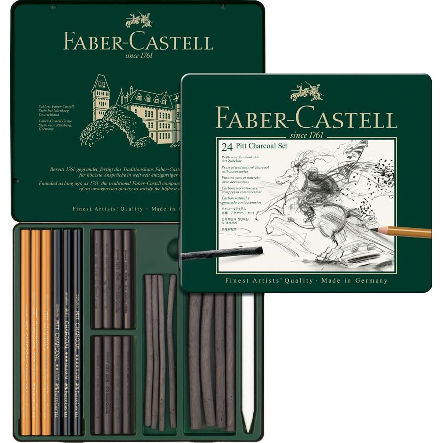 Faber-Castell - Set Pitt Charcoal, astuccio in metallo da 24