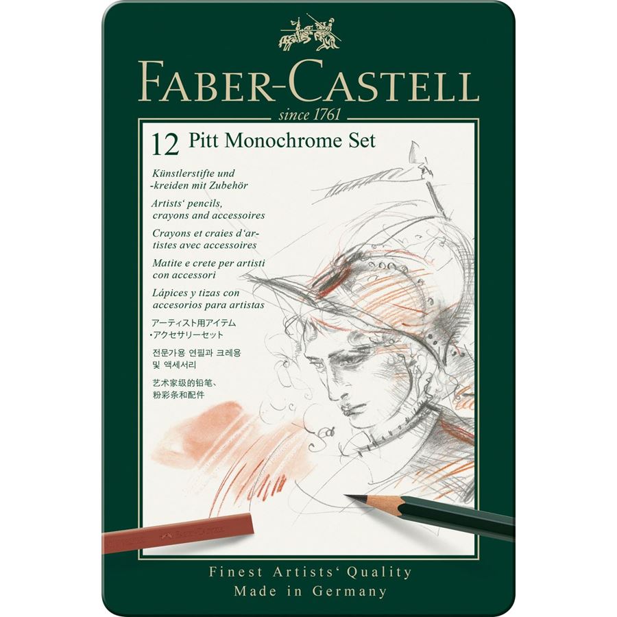 Faber-Castell - Set Pitt Monochrome, astuccio in metallo da 12