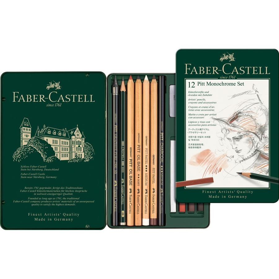 Faber-Castell - Set Pitt Monochrome, astuccio in metallo da 12