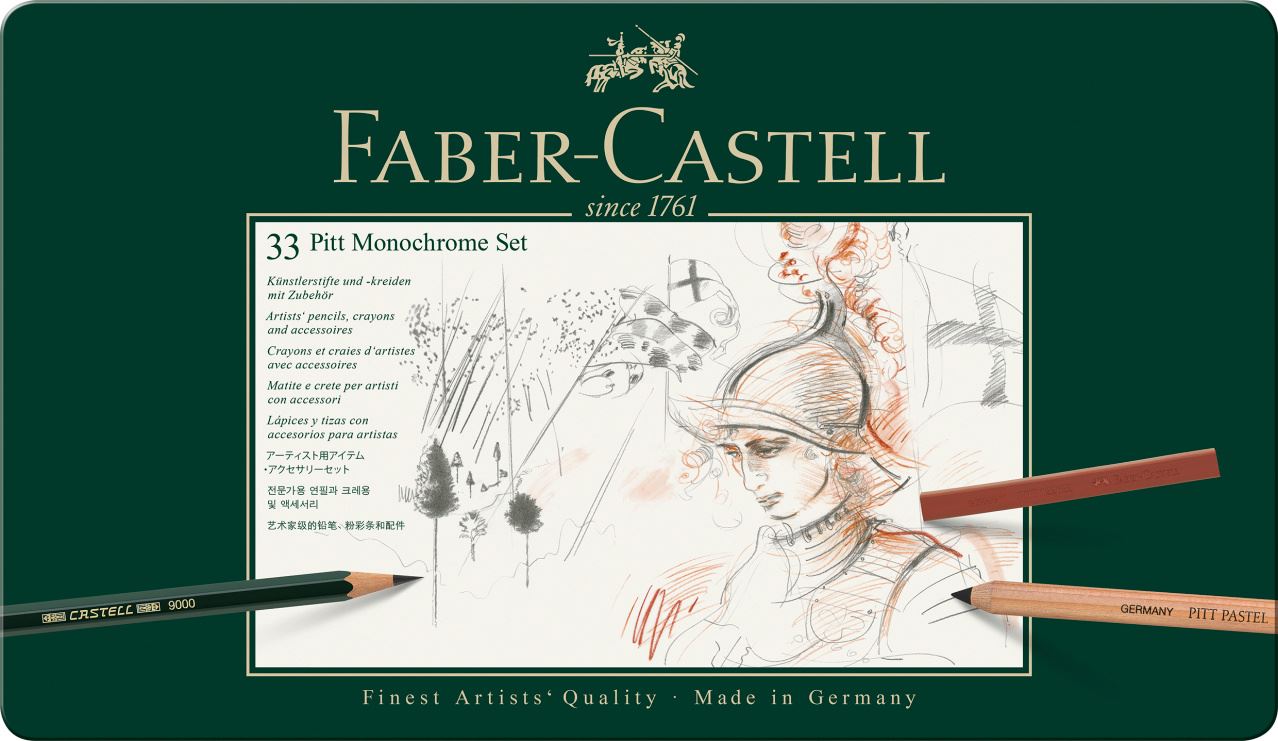 Faber-Castell - Set Pitt Monochrome, astuccio in metallo da 33