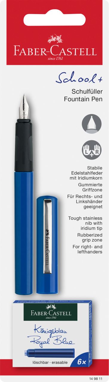 Faber-Castell - Blister 1 penna stilografica scolastica blu + cartucce