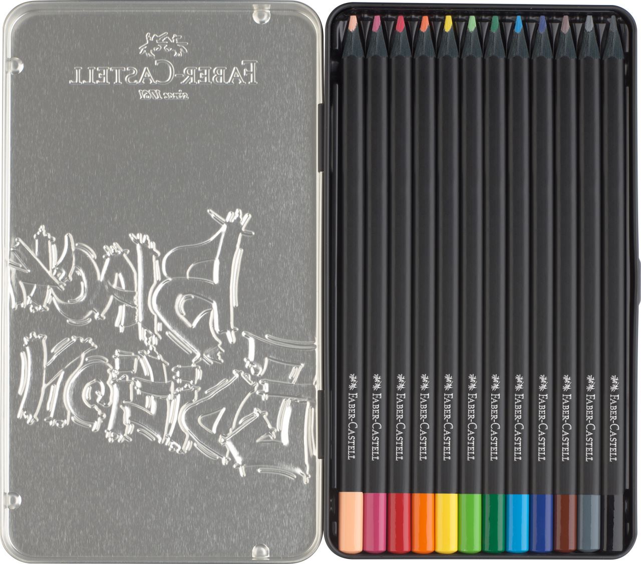 Faber-Castell - Astuccio in metallo con 12 matite colorate Black Edition